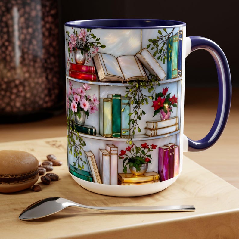 Stained Glass Style Bookshelf Mug, Colorful Floral Book Mug, Book Lover Gift. Elegant Reading Mug