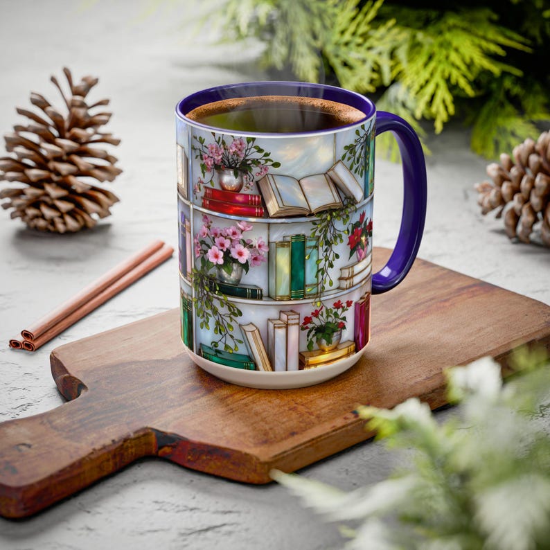 Stained Glass Style Bookshelf Mug, Colorful Floral Book Mug, Book Lover Gift. Elegant Reading Mug