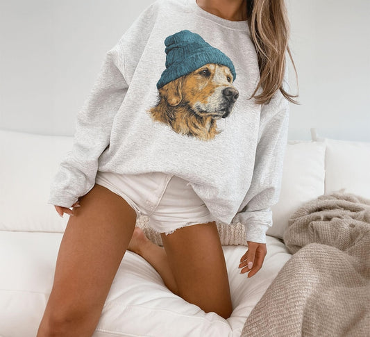 Retro Golden Retriever Wearing Beanie Vintage Dog Unisex Sweatshirt