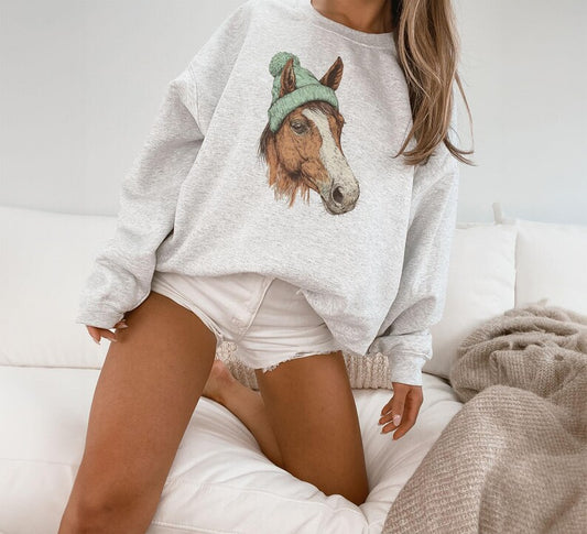 Retro Horse Wearing Beanie Vintage Equestrian Unisex Sweatshirt