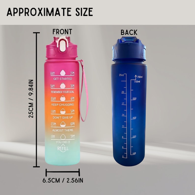 Personalised Motivational Water Bottle with Pop Up Straw and Time Markings, Leak Proof, BPA free