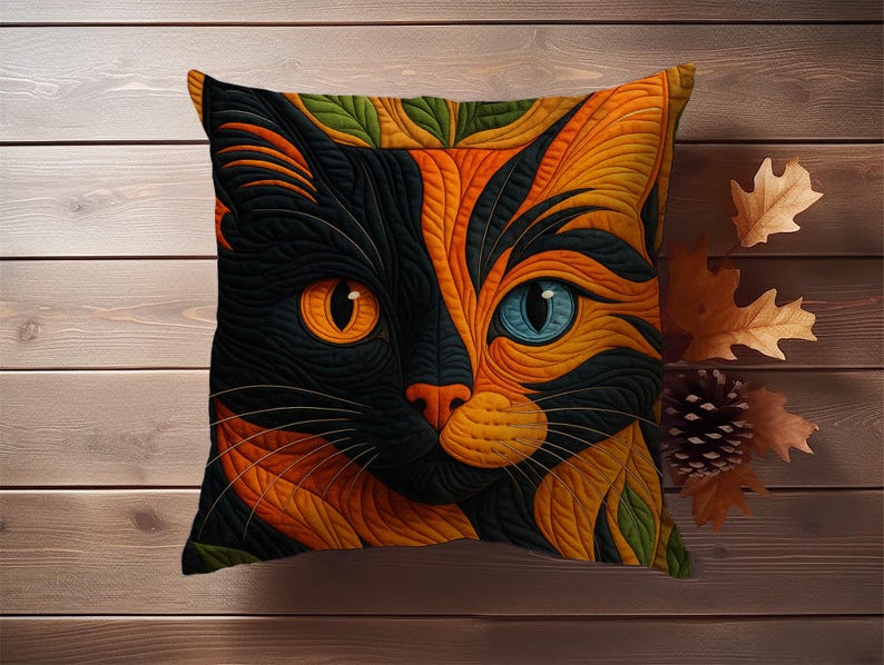 Calico Cat Art Pillow Cover, Colorful Cat Cushion Cover, Printed Finish Resembles a Quilted Style Look, Boho Cat Throw Pillow,Cat Lover Gift