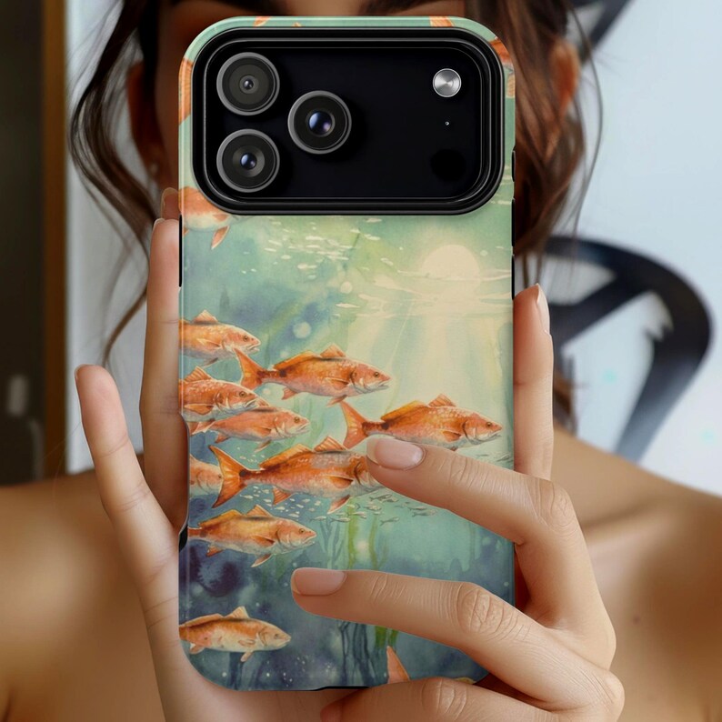 Redfish Phone Case, Tough Case iPhone 17 16 Pro Max, Fishing Phone Cover, Coastal Redfish Artwork, Fisherman Gift, Lucky Levi