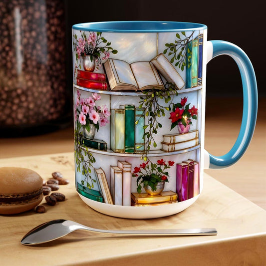Stained Glass Style Bookshelf Mug, Colorful Floral Book Mug, Book Lover Gift. Elegant Reading Mug