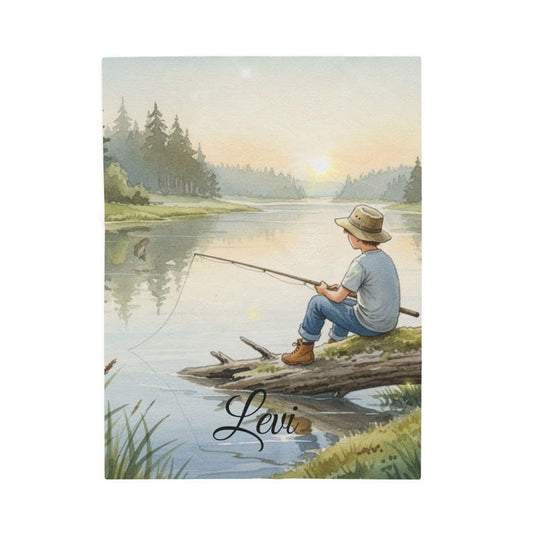 Personalized Fishing Boy Blanket, Custom Name Plush Velveteen Throw, Kids Lakehouse Gift, Cozy Bedroom Decor (3 Sizes)