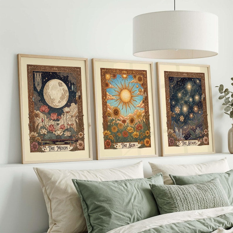 Tarot Wall Art Set: Vintage Celestial Botanical Prints (Sun Moon Stars)