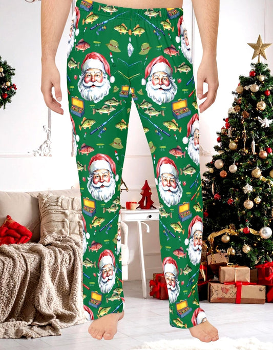 Santa Fishing Pajama Pants for Men, Christmas Pajamas, Fisherman Gift for Husband Dad Grandpa, Green Holiday Lounge Pants
