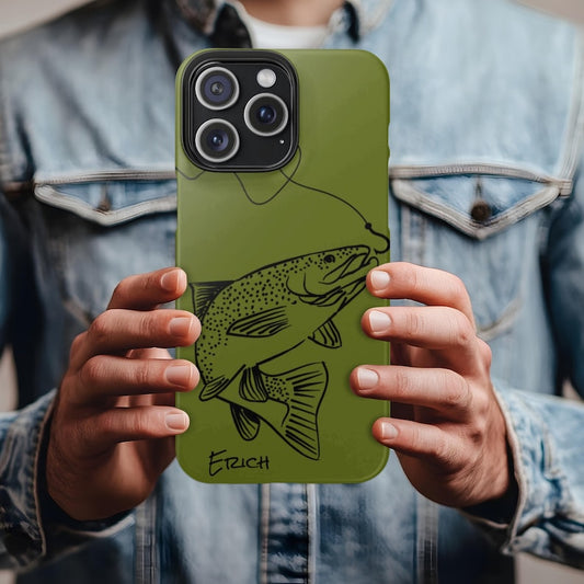 Personalized Trout Fishing iPhone Case, Custom Fisherman Gift, Tough iPhone Cover, Monochromatic Fish, Lake Life, Fishing Lover Gift