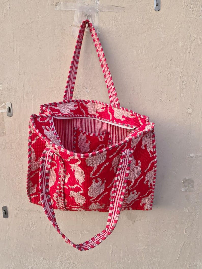 Handmade Quilted Cotton Tote Bag Tiger Print | Boho Shoulder Bag Reusable Market Tote | Eco Friendly Gift for Women