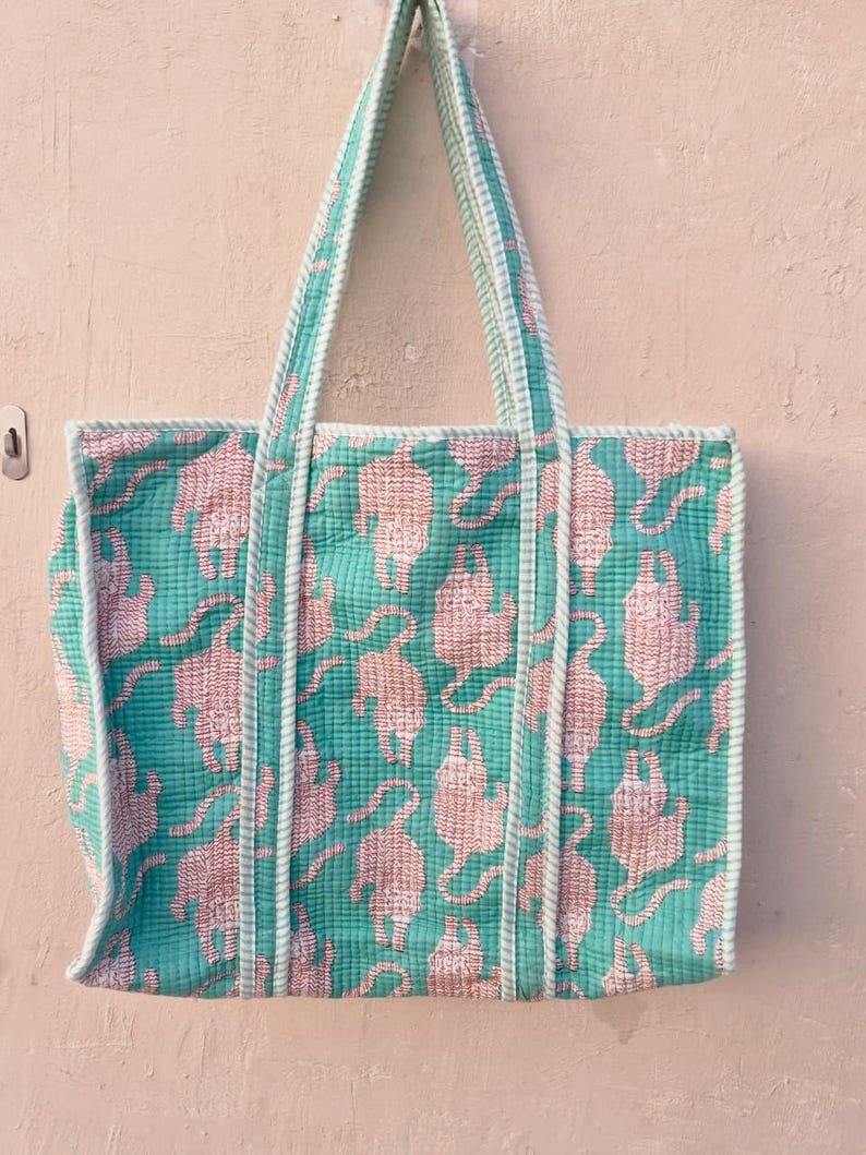 Handmade Quilted Cotton Tote Bag Tiger Print | Boho Shoulder Bag Reusable Market Tote | Eco Friendly Gift for Women