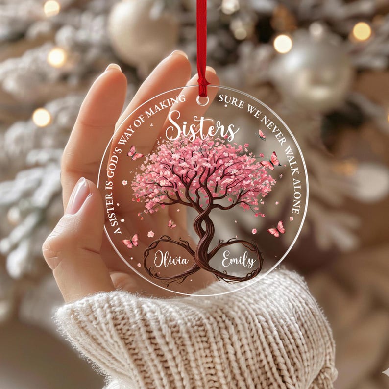 Personalized Sisters Glass Ornament, God’s Way Friendship Gift, Sister Ornament Gift with Custom Names, Tree of Life Ornament Decor