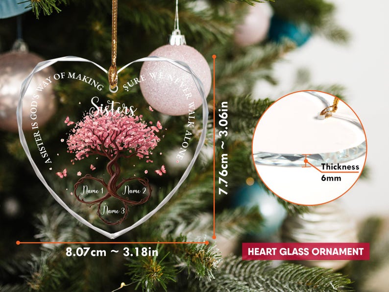 Personalized Sisters Glass Ornament, God’s Way Friendship Gift, Sister Ornament Gift with Custom Names, Tree of Life Ornament Decor