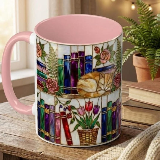 Cat and Books Mug, Book Lover Gift, Stained Glass Cat Mug, Bookish Coffee Cup, Librarian Gift, Reading Mug, Cat Mom Gift 11oz 15oz