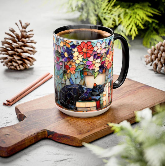 Black Cat Stained Glass Style Mug Floral Bookshelf Coffee Cup Book Lovers Bookish Gift