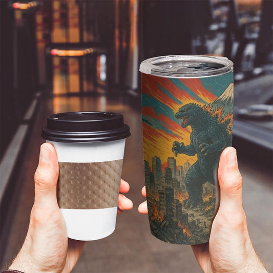 Vintage Godzilla Comic Monster Tumbler, Kaiju City Art Travel Cup, Stainless Steel Tumbler Gift for Monster Fans, Japan Kaiju Monster Cup