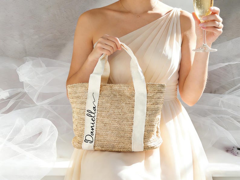 Personalized Straw Beach Bag for Bridesmaids, Custom Wedding Tote Gift
