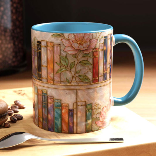 Stained-Glass Style Floral Bookshelf Mug, Book Lover Gift, Bookish Mug, Stained Glass Gift, Library Cup 15oz