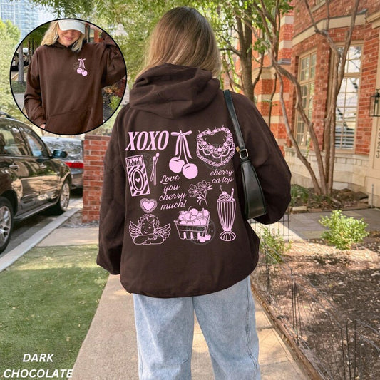 Womens Valentines Day Hoodie, Vintage Coquette Valentine Sweatshirt, Cherry Cake Shirt, Xoxo Heart Shirt, Valentine Gift, Back Design Hoodie