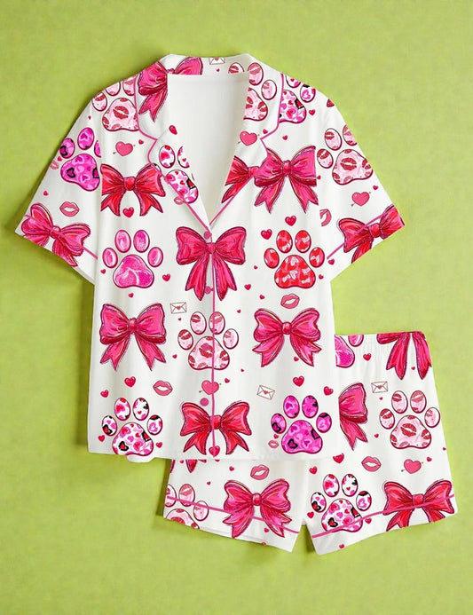 Women’s Dog Mom Valentine Satin Pajama Set, Cute Dog Print Long Sleeve Sleepwear, Valentine Nightwear