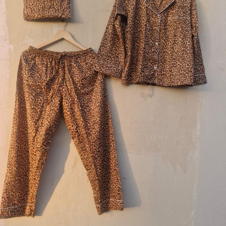 Leopard Print Cotton Pajama Set for Women, Button Down PJ Set, Soft Nightwear Loungewear, Animal Print Sleepwear Gift