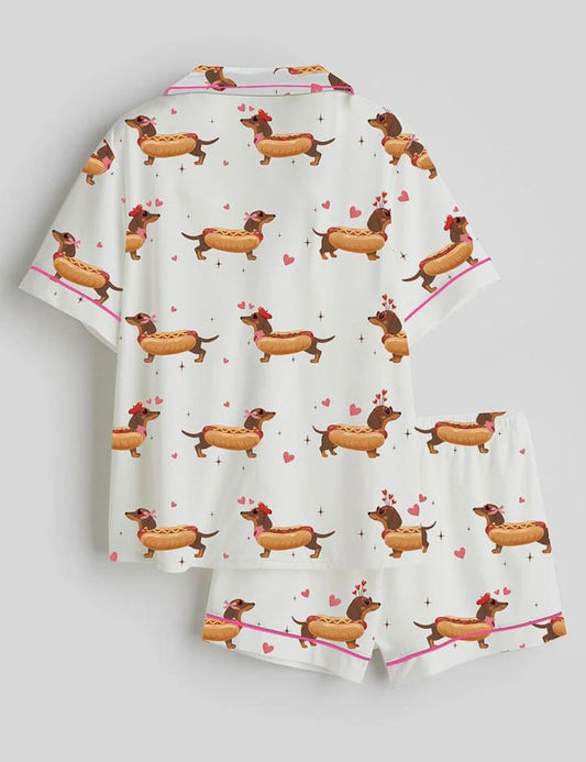 Women’s Cute Dachshund Valentine’s Day Pajama Set, Satin Short Sleeve PJs, You Are One Hot Dog, Funny Dog Sleepwear Gift