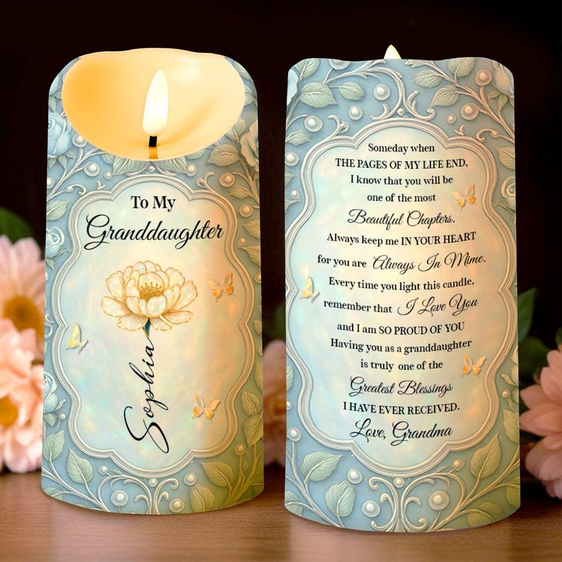 Personalized To My Granddaughter LED Candle, Always In My Heart Decor, Beautiful Chapters Gift From Grandma With Name And Birth Flower