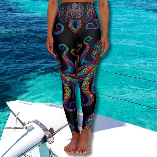 High Waisted Octopus Leggings, Colorful Ocean Art Yoga Pants, Coastal Statement Leggings, Squid Tentacle Activewear