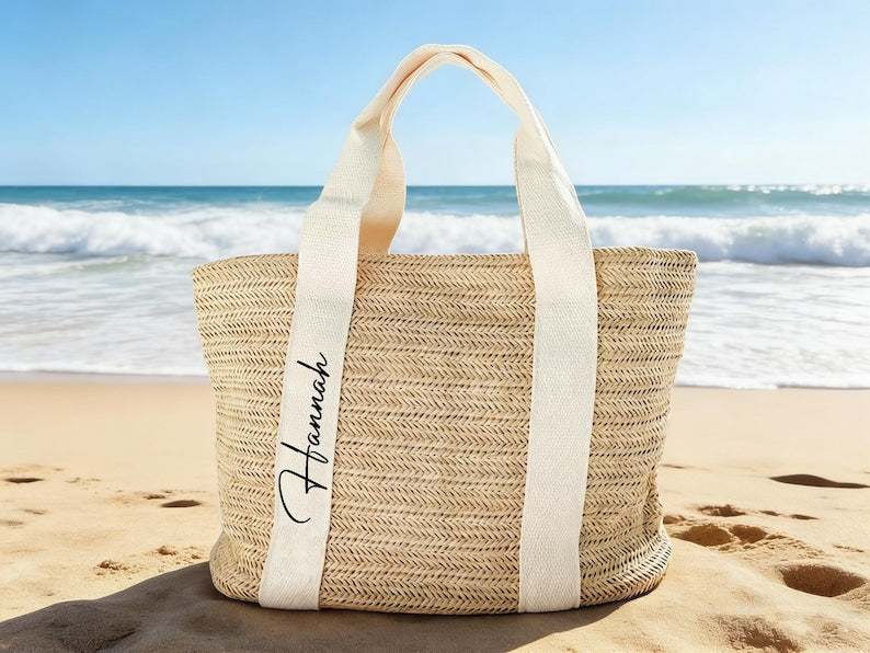 Monogram Straw Tote Bag, Personalized Initial Beach Bag, Custom Woven Shoulder Tote, Summer Gift for Women, Vacation Travel Bag
