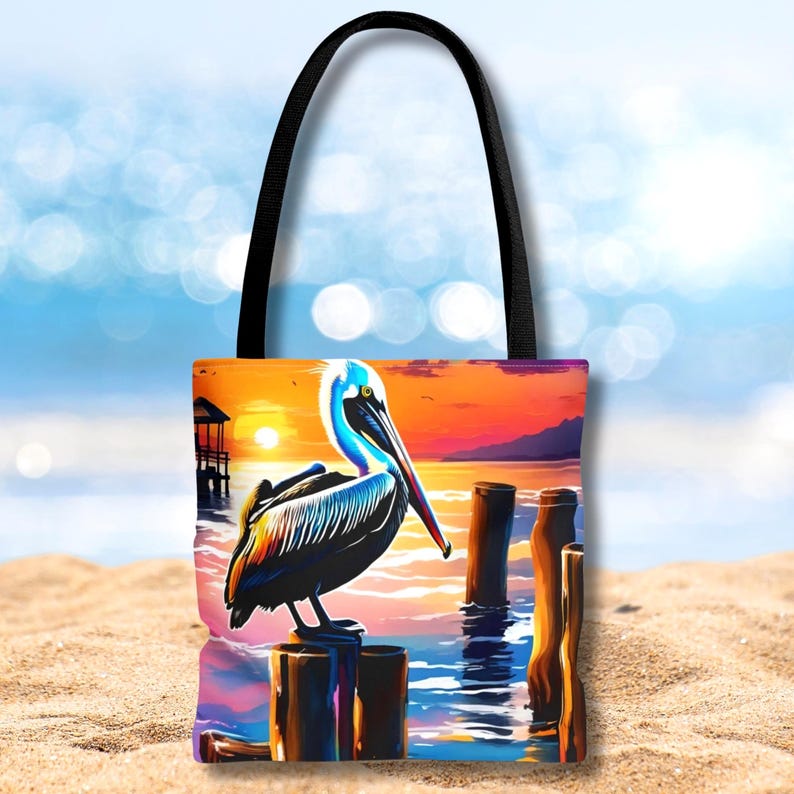 Pelican Sunset Tote Bag, Coastal Beach Tote, Ocean Bird Art Bag, Nautical Carryall, Beach Lover Gift, Lucky Levi