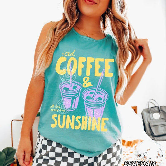 Iced Coffee and Sunshine Tank Top, Retro Summer Shirt, Coffee Lover Gift, Trendy Vacation Tank Top, Comfort Colors® Tank Top