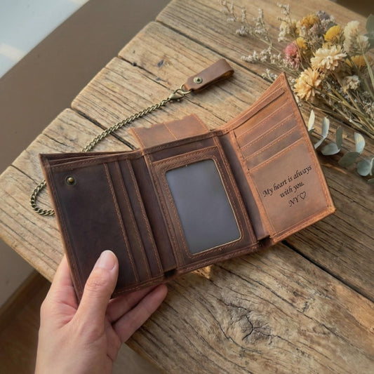Personalized Leather Wallet with Anti-Theft Chain, Handmade Trifold Wallet for Men, Travel Wallet, Gift for Him, Husband, Dad