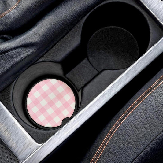 Universal Fit Gingham Print Car Coasters, 1 or 2 Count Pink Car Decor