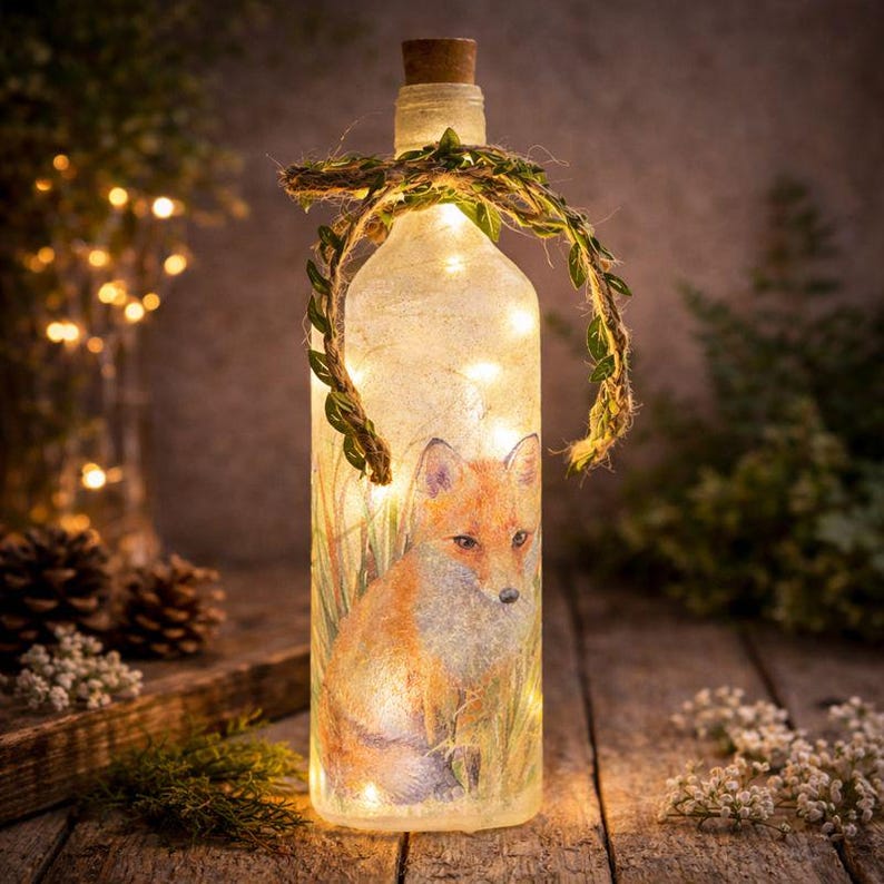 Fox Bottle Lamp | Woodland LED Bottle Light | Wildlife Home Decor | Decoupage Rustic Gift