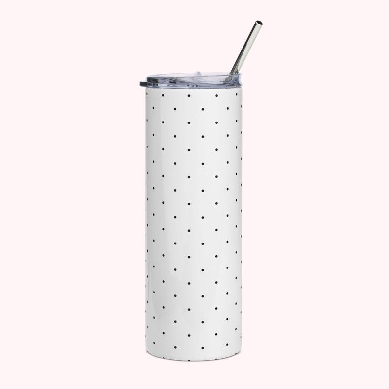 Insulated Polka Dot Water Bottle 20oz Stainless Steel Travel Tumbler with Reusable Metal Straw