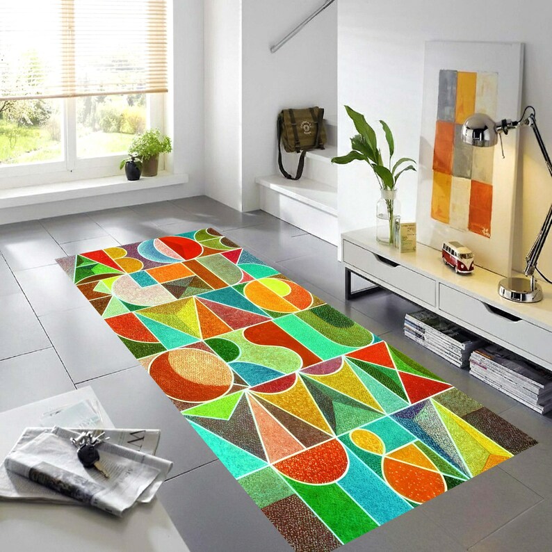 Alphabet Runner Rug: Colorful Geometric Letter Hallway Carpet, Non-Slip Machine-Washable