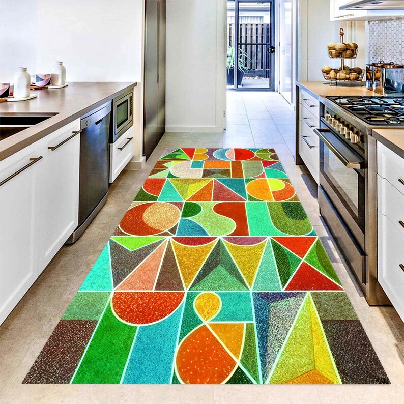 Alphabet Runner Rug: Colorful Geometric Letter Hallway Carpet, Non-Slip Machine-Washable