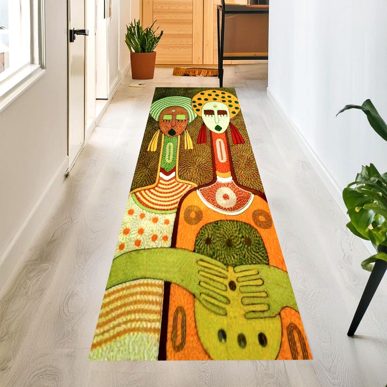 Abstract Tribal Figures Folk Art Printed Runner Rug: Colorful Modern Boho Carpet, Machine-Washable Non-Slip
