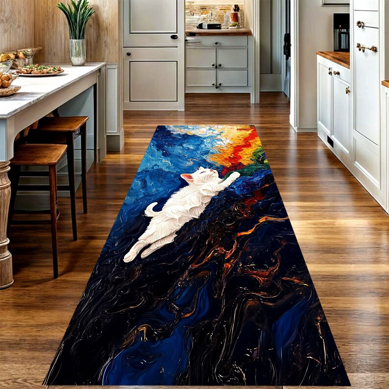White Cat Abstract Runner Rug: Oil Painting Art Carpet, Machine-Washable Non-Slip