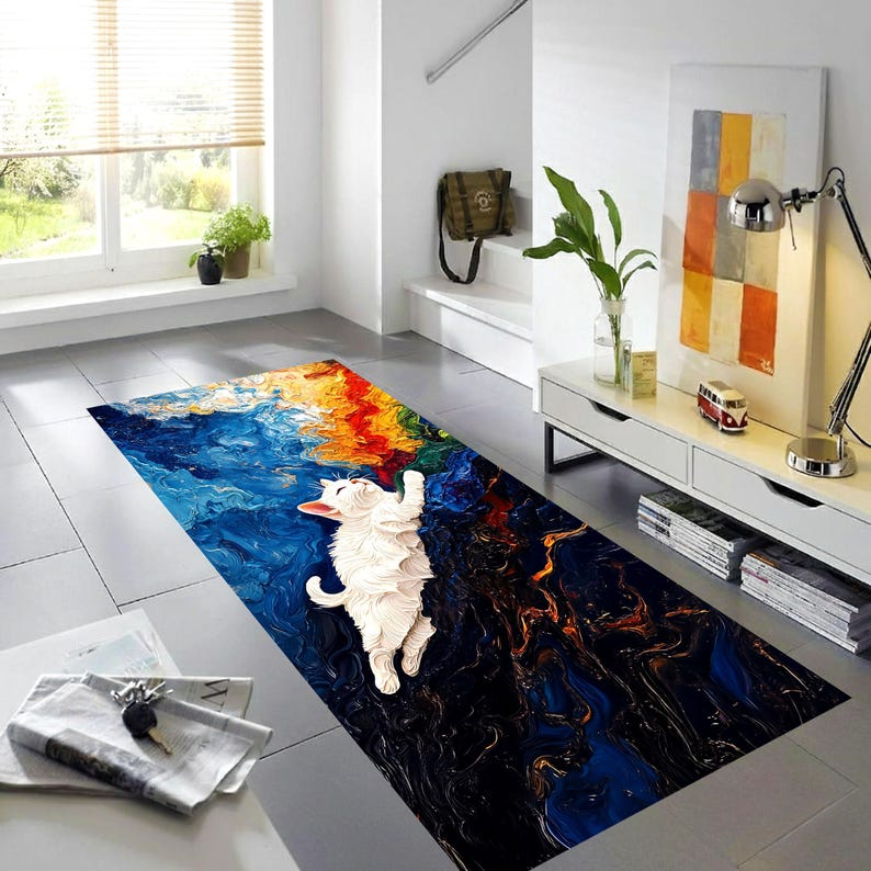 White Cat Abstract Runner Rug: Oil Painting Art Carpet, Machine-Washable Non-Slip