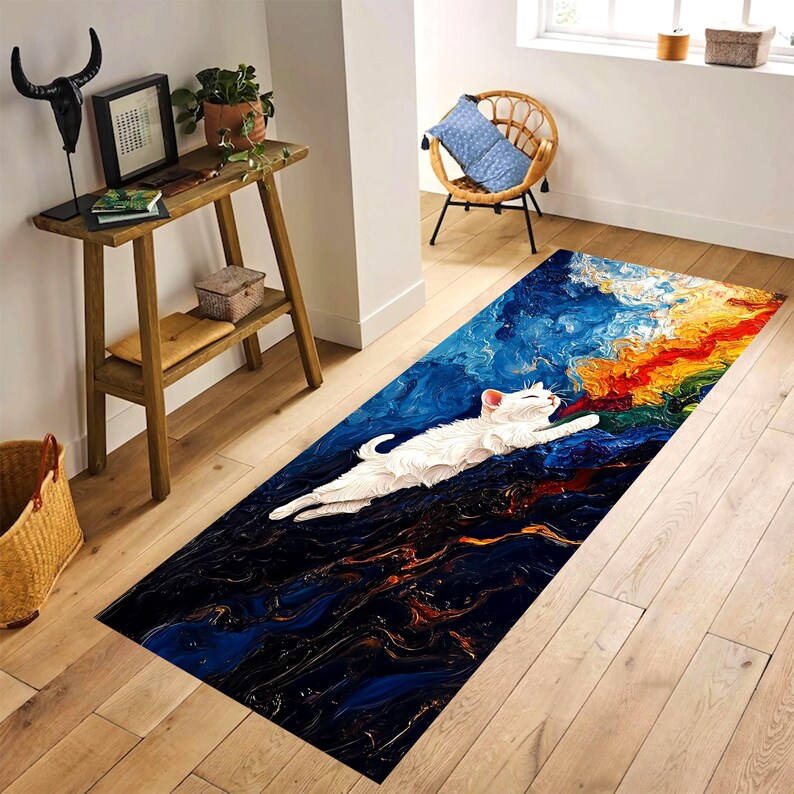 White Cat Abstract Runner Rug: Oil Painting Art Carpet, Machine-Washable Non-Slip