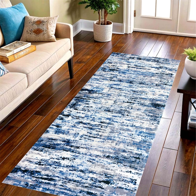Blue Abstract Runner Rug: Ocean Frost Pattern Carpet, Non-Slip Machine-Washable