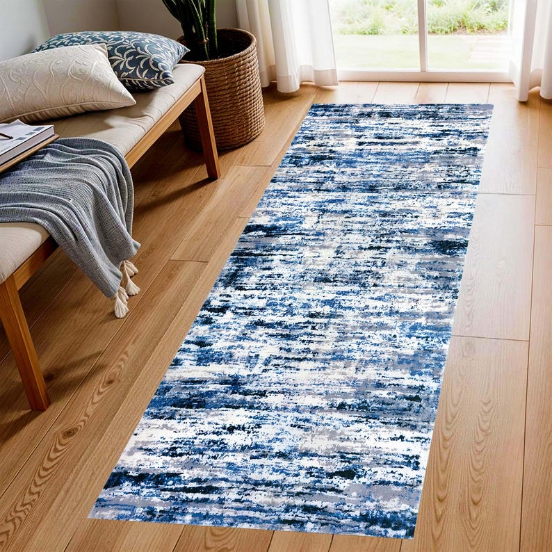 Blue Abstract Runner Rug: Ocean Frost Pattern Carpet, Non-Slip Machine-Washable