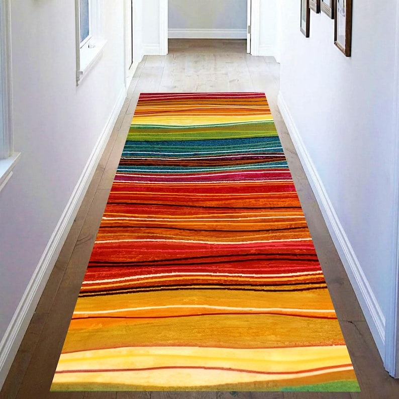 Sunset Stripe Runner Rug: Warm Boho Colors, Machine-Washable Non-Slip