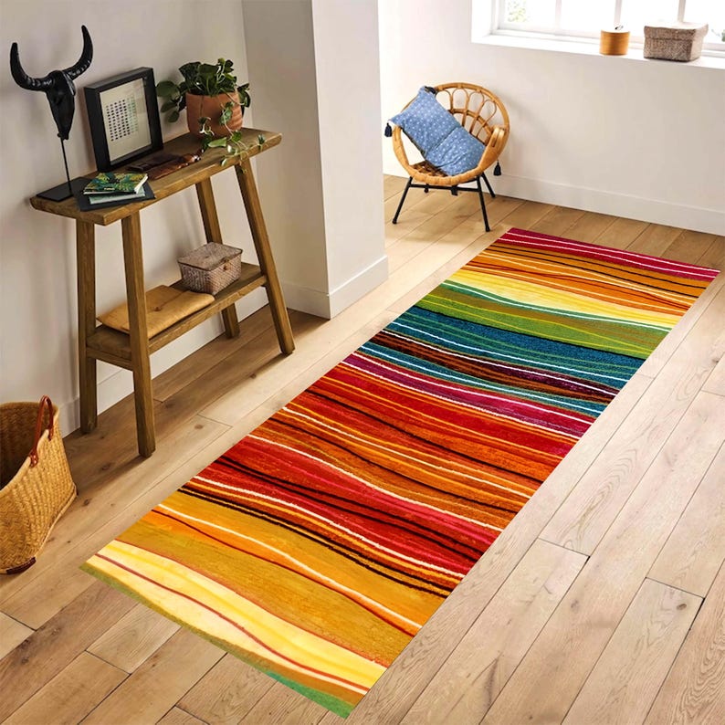 Sunset Stripe Runner Rug: Warm Boho Colors, Machine-Washable Non-Slip