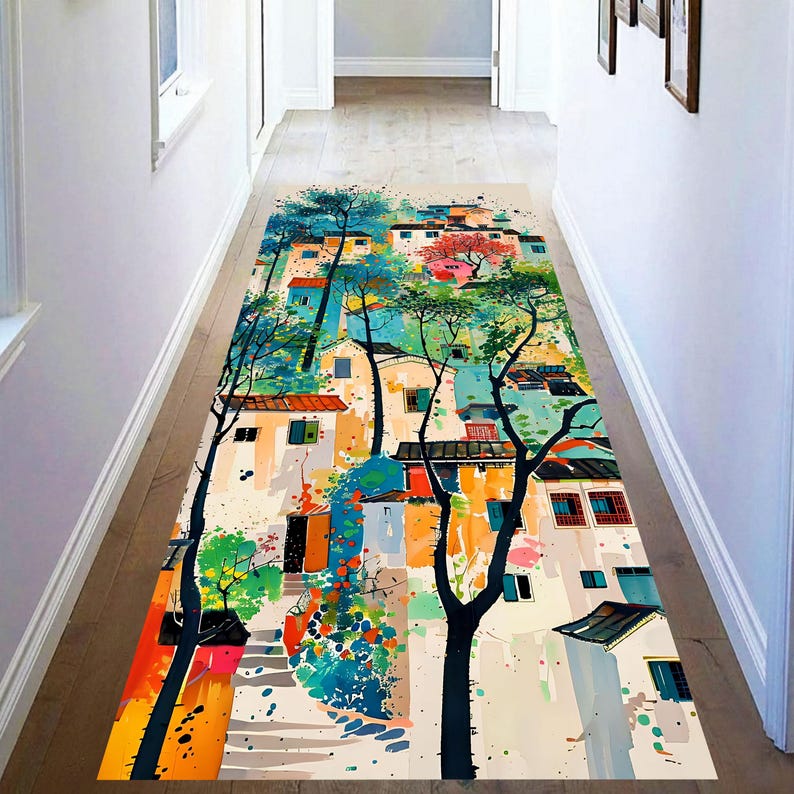 Color Splash Village Runner Rug: Abstract Town Hallway Carpet, Machine-Washable Non-Slip