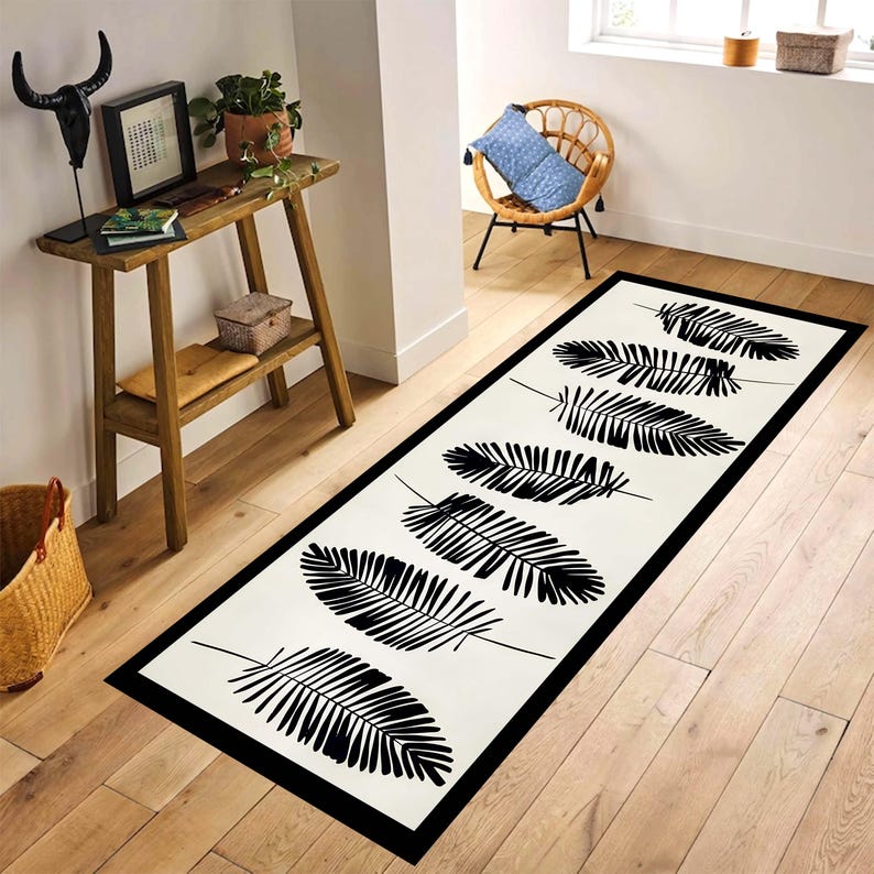 Black Fern Runner Rug: Minimal Botanical Hallway Carpet, Non-Slip Machine-Washable