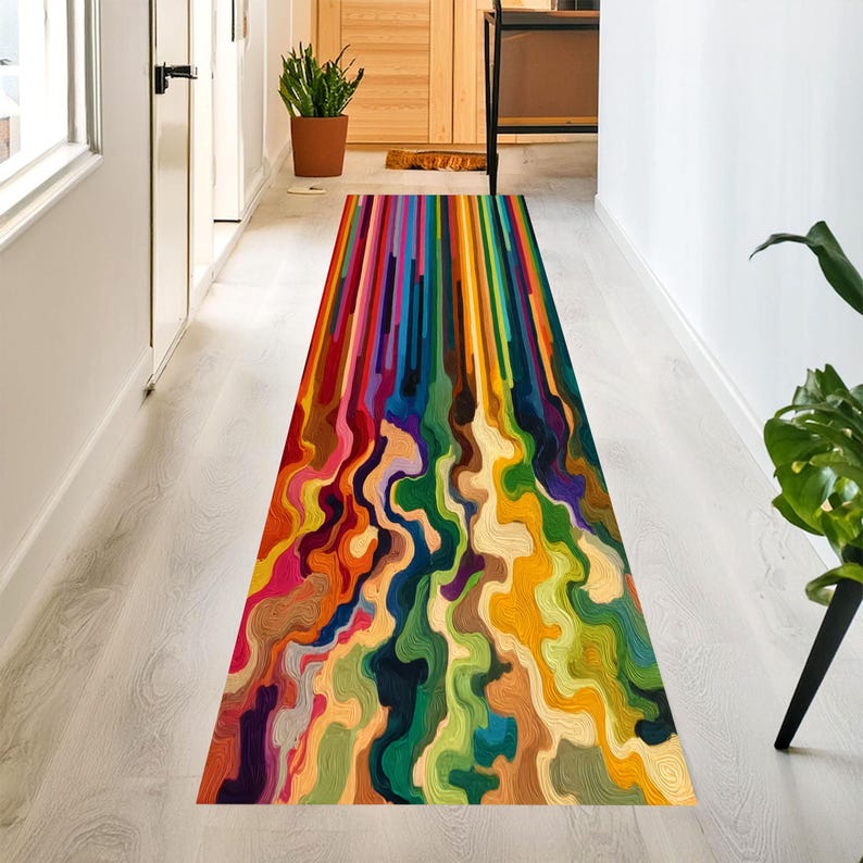 Colorful Abstract Paint Pour Printed Runner Rug: Modern Rainbow Drip Carpet, Machine-Washable Non-Slip