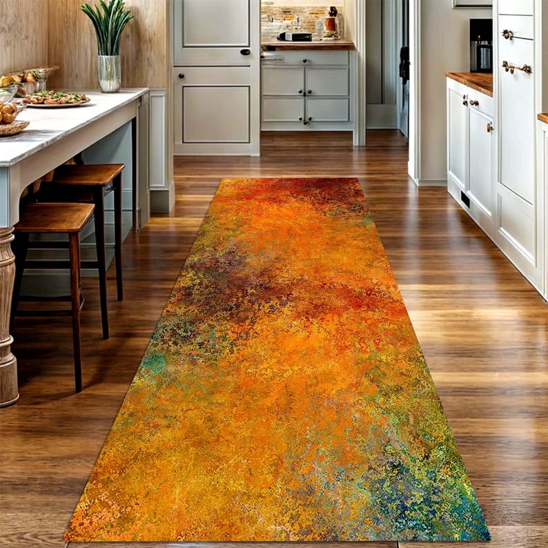 Autumn Rust Abstract Hallway Runner Rug: Non-Slip Machine-Washable