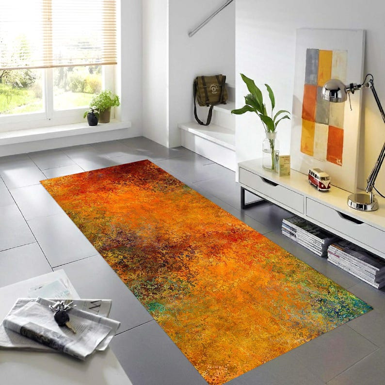 Autumn Rust Abstract Hallway Runner Rug: Non-Slip Machine-Washable
