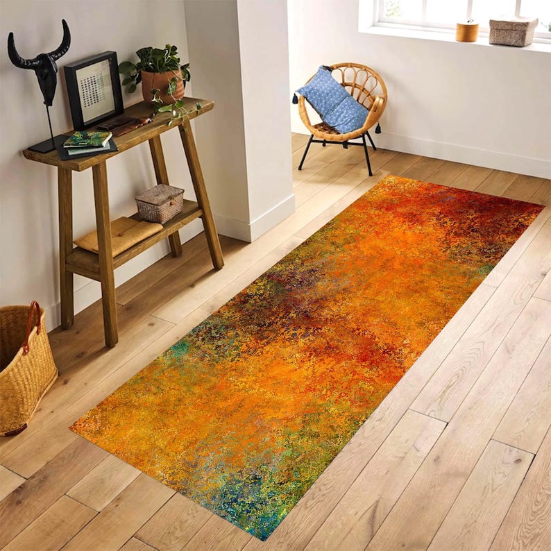 Autumn Rust Abstract Hallway Runner Rug: Non-Slip Machine-Washable